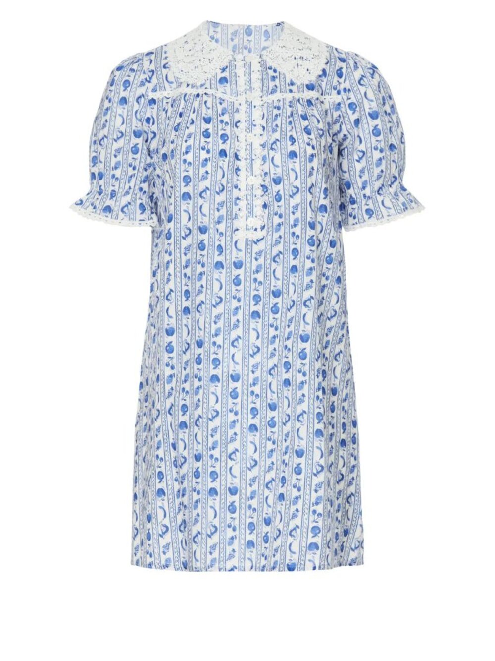 HVN Marie mini baby doll dress blue white fruit print retro shift lace collared